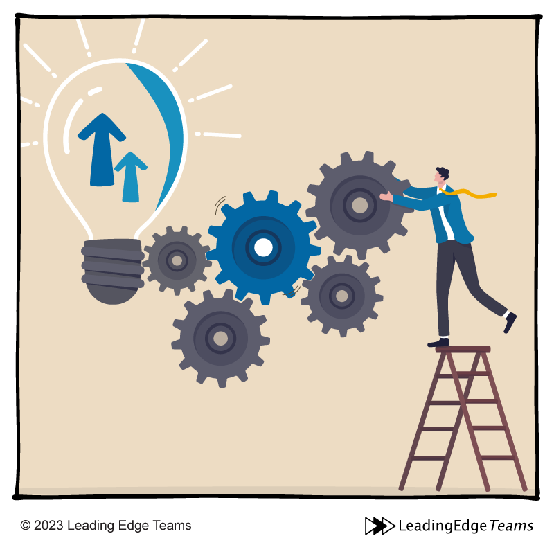Systems and Processes Cartoon man on ladder adjusting gears - Leading Edge Teams