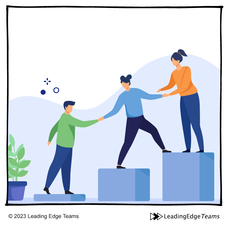 Clear Company Values Drive Success - Team helping elevate cartoon - Leading Edge Teams